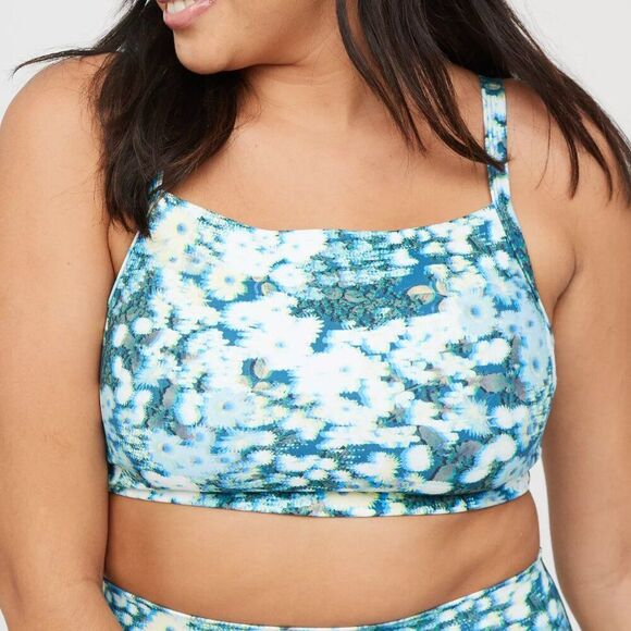 Aerie Offline Printed 3D Square Neck Sports Bra Blue Floral Size Large Unlined - Picture 1 of 6